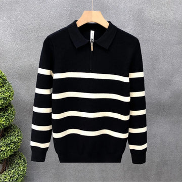 Autumn Winter New Fashion Turn-down Collar Half Zipper Long Sleeve Pullovers Men's Clothing Striped Knitting All-match Chic Tops